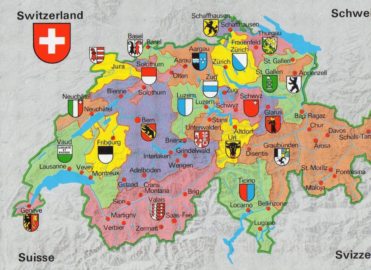 mappa della svizzera, con attrazioni turistiche
